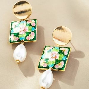 Anthropologie Square Floral Pearl Drop Earrings